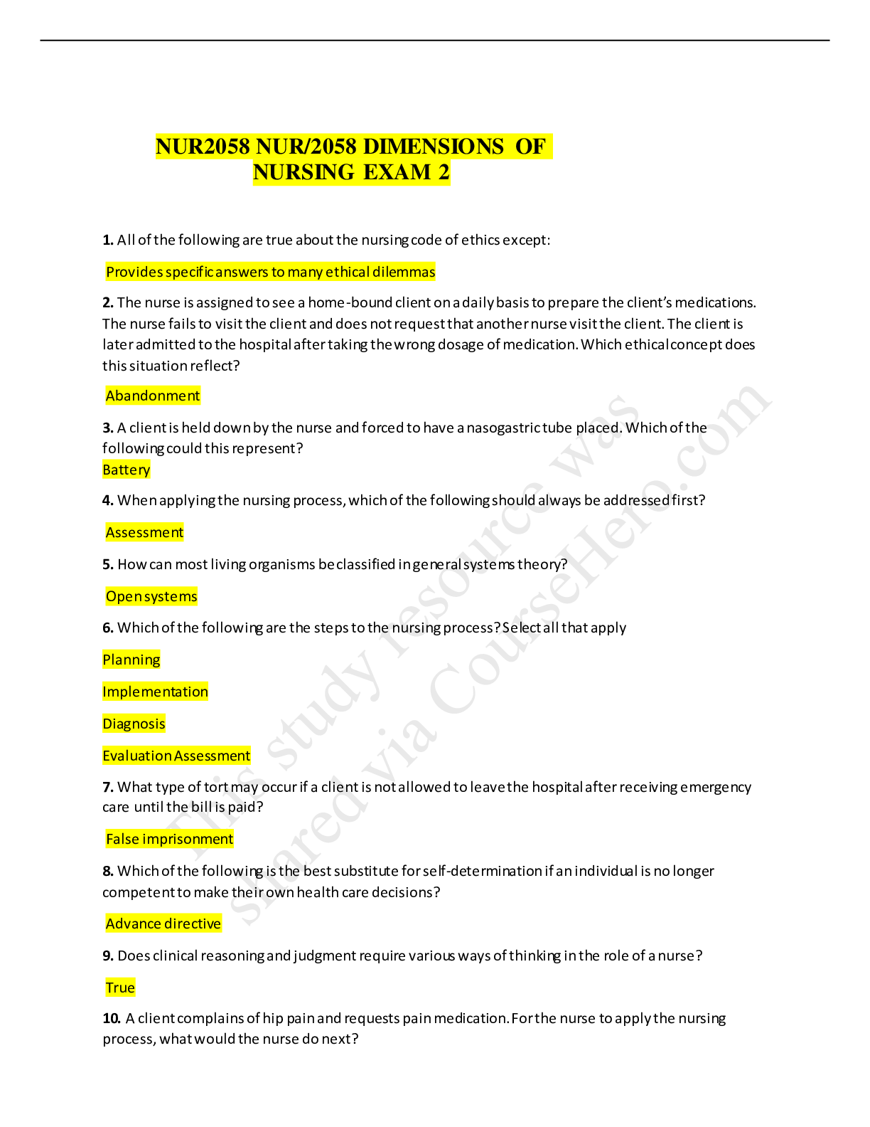 Preview image for NUR2058 NUR/2058 DIMENSIONS OF NURSING EXAM 2